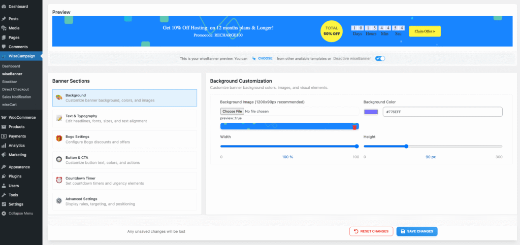wiseBanner dashboard