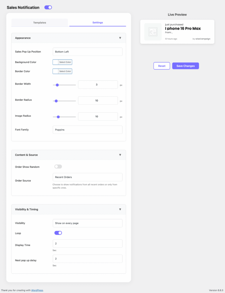 Sales Notification 3 Sales Notification setting page