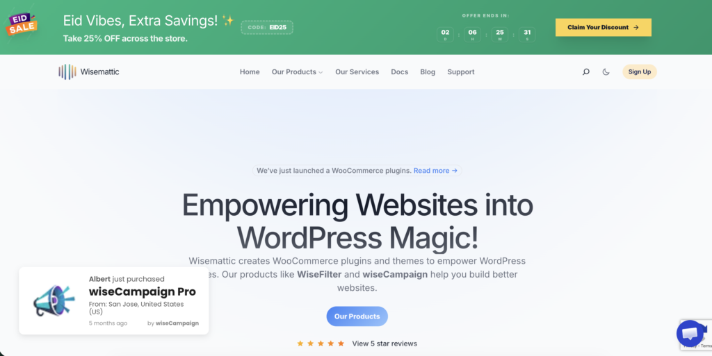 Best WordPress Top Bar Plugin - Add Banners in 5 Steps (No Coding) 2 wiseCampaign top bar plugin banner showing Eid sale countdown timer on WordPress site