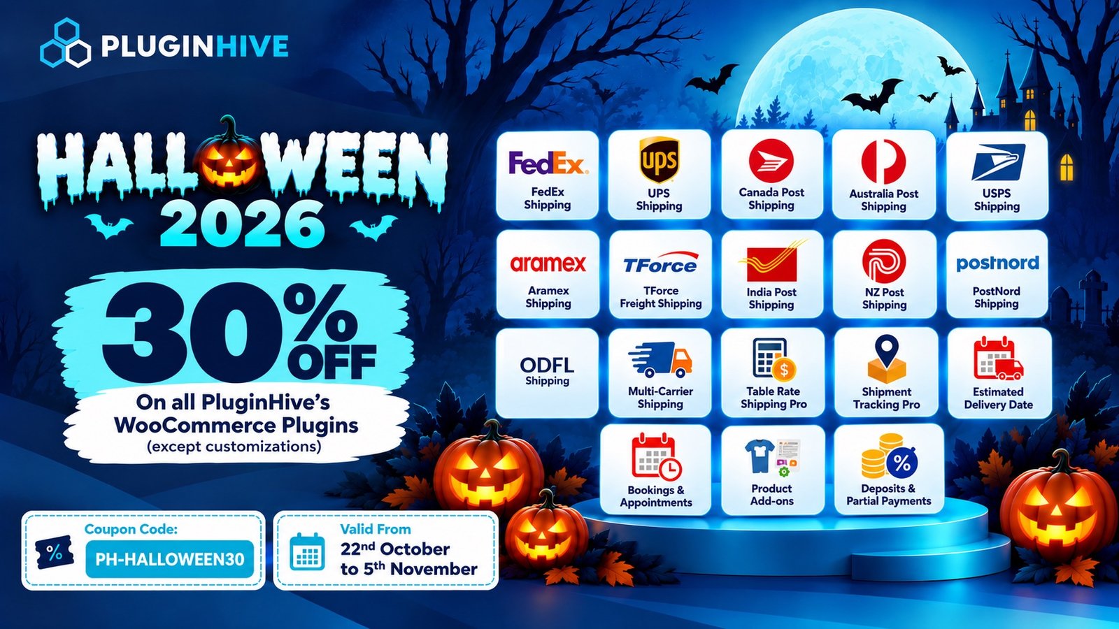WordPress Halloween Deals 2026: No Tricks, Just Treats on Plugins, Themes & Hosting 2 PluginHive Halloween 2026 sale: 30% off WooCommerce plugins with code PH-HALLOWEEN30