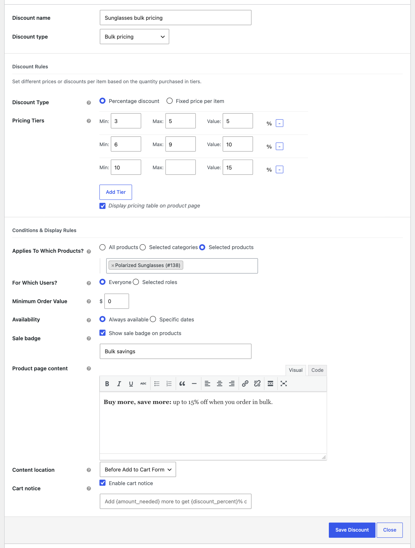 Bulk Pricing 2 Bulk pricing with three tiers: 3–5 items 5%, 6–9 items 10%, 10+ items 15%