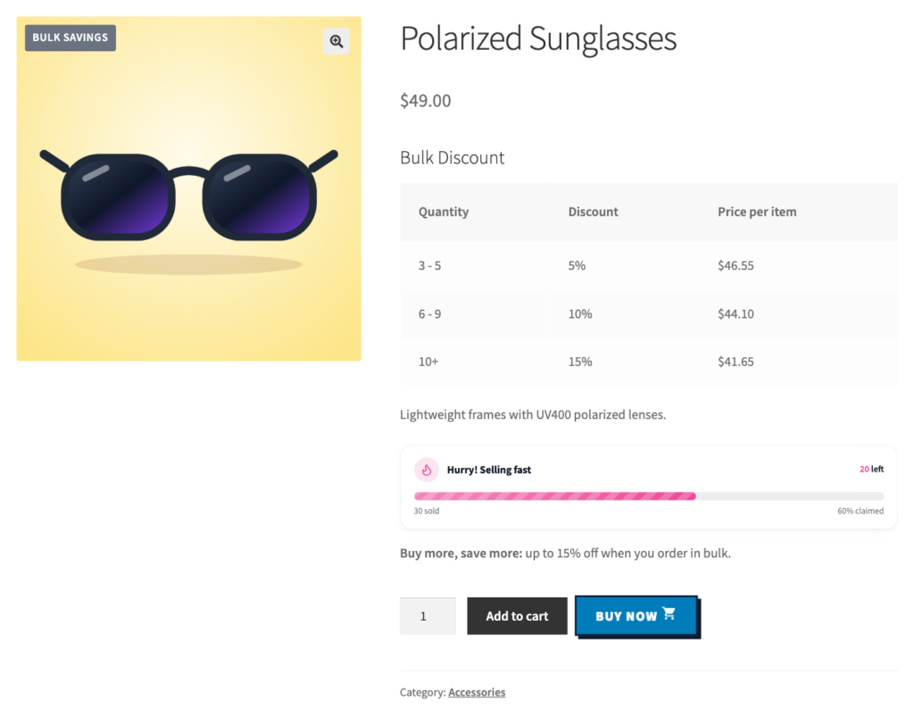 Bulk Pricing 3 The product page with a Bulk Discount table: 3–5 items $46.55, 6–9 items $44.10, 10+ items $41.65
