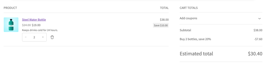 The cart with 2 bottles and a &ldquo;Buy 2 bottles, save 20%&rdquo; line of -$7.60
