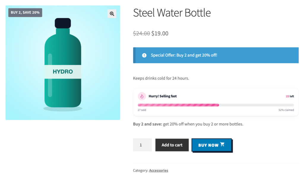 The Steel Water Bottle page with a &ldquo;Buy 2, save 20%&rdquo; badge and offer