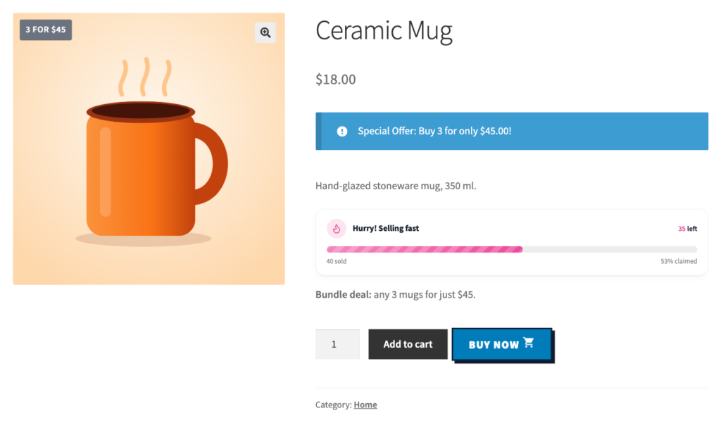 10 Ways to Increase Your WooCommerce Average Order Value with wiseCampaign 5 The Ceramic Mug page with a “3 for $45” badge and the bundle offer