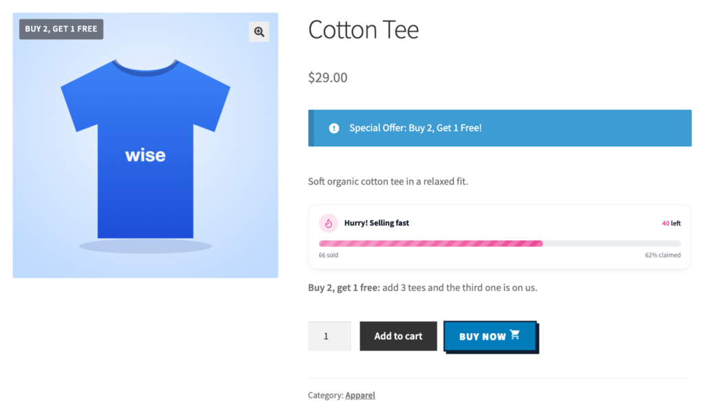 10 Ways to Increase Your WooCommerce Average Order Value with wiseCampaign 6 The Cotton Tee page with a “Buy 2, get 1 free” badge and offer