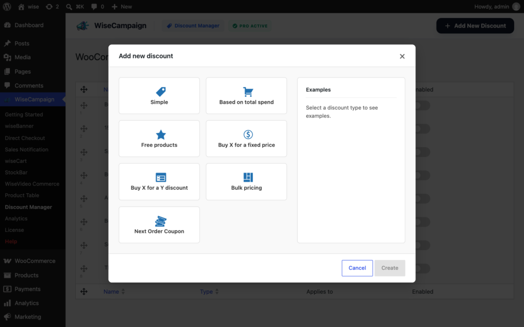 The Add new discount window with the seven discount types
