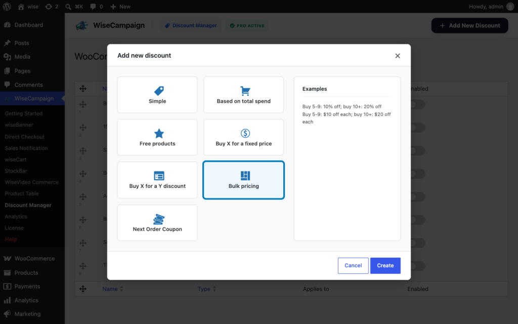 Bulk Pricing 1 The Add new discount window with the seven discount types