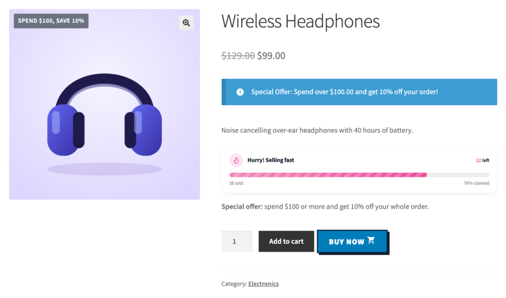 10 Ways to Increase Your WooCommerce Average Order Value with wiseCampaign 3 A product page with the “Spend over $100.00 and get 10% off” offer