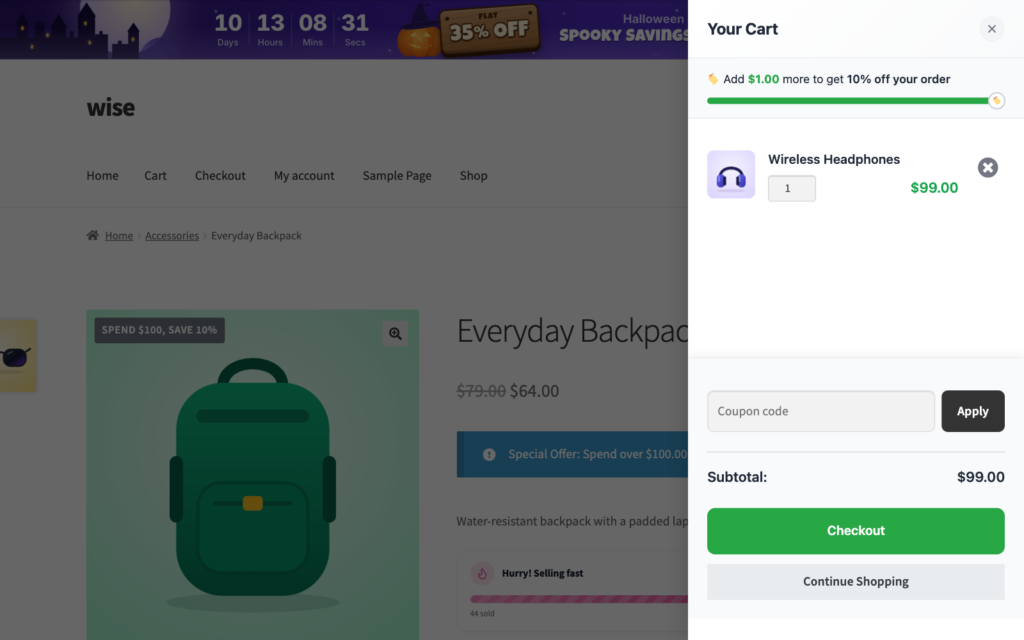 10 Ways to Increase Your WooCommerce Average Order Value with wiseCampaign 2 wiseCart showing that $1.00 more unlocks 10% off